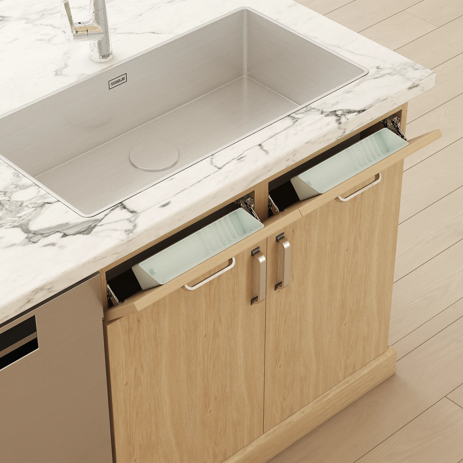 Sink base with tip out slab oak wood